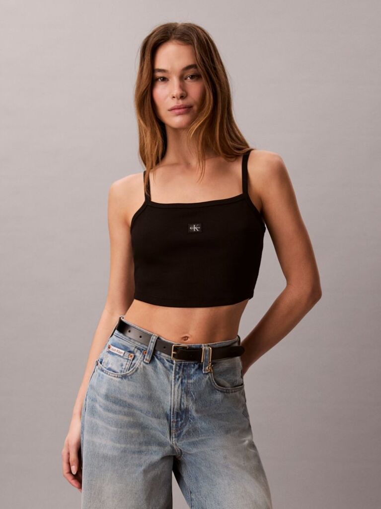 Black Cropped Ribbed Cotton Cami Top  Women