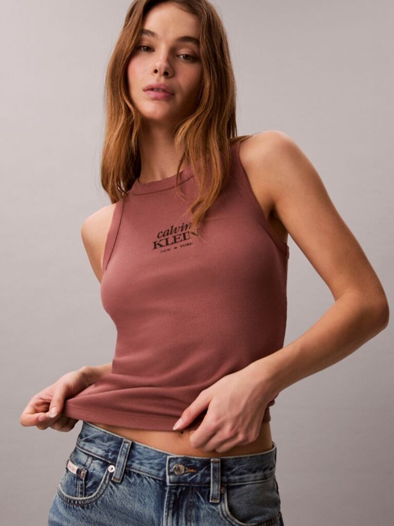 Brown Slim Ribbed Cotton Tank Top  Women