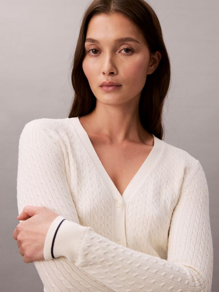 White Slim Cable Knit Cardigan  Women