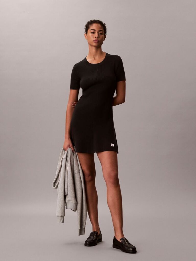 Black Ribbed Cotton Flared Mini Dress  Women