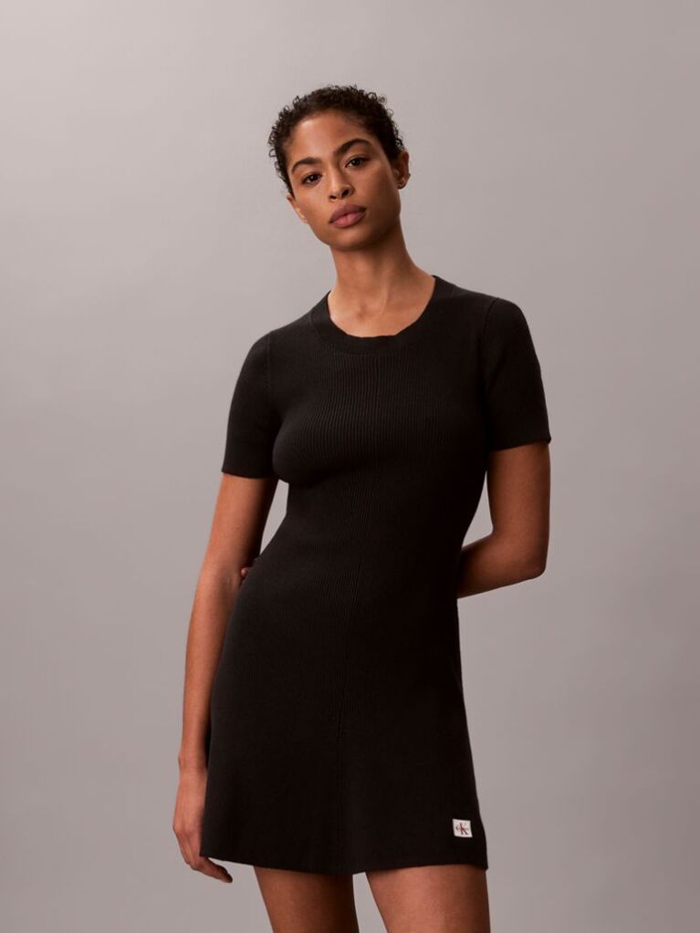 Black Ribbed Cotton Flared Mini Dress  Women