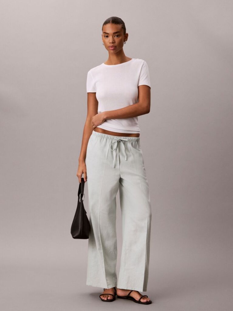 Green Linen Blend Wide Leg Trousers  Women