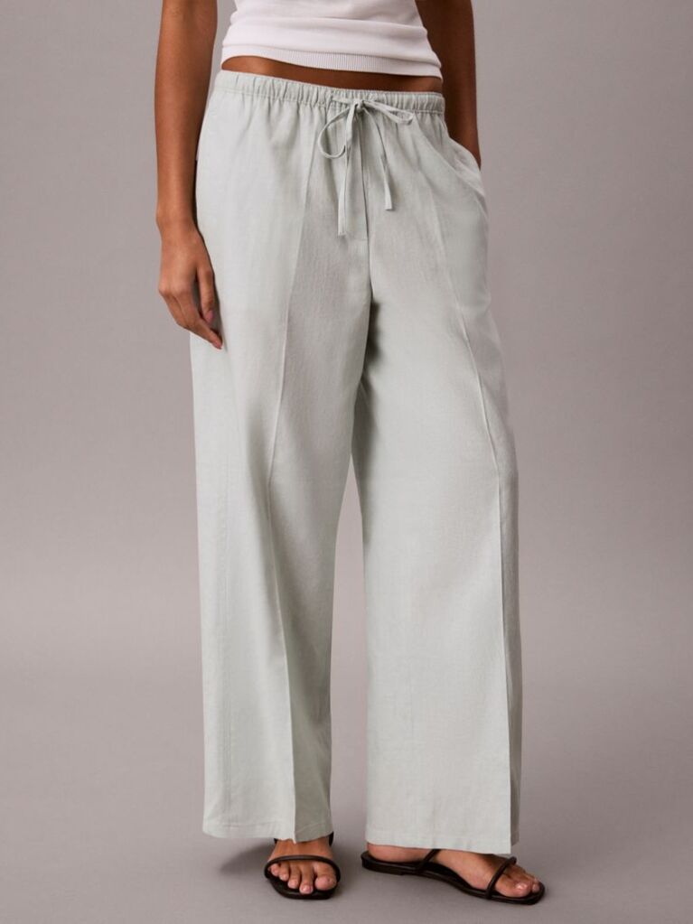 Green Linen Blend Wide Leg Trousers  Women
