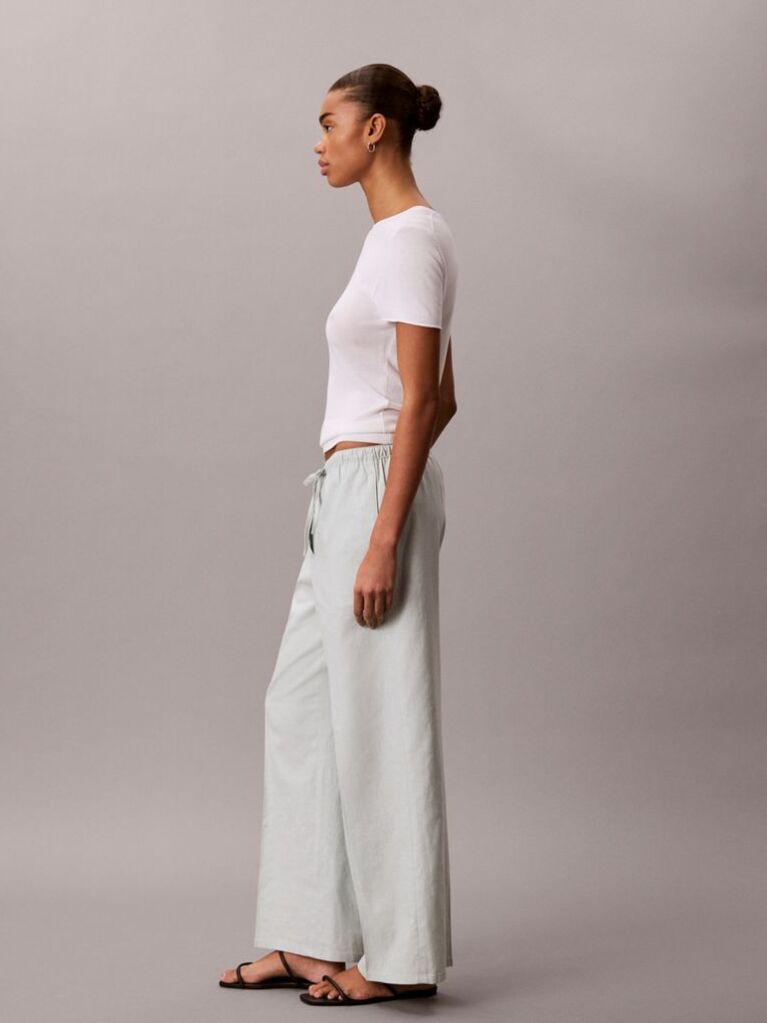 Green Linen Blend Wide Leg Trousers  Women