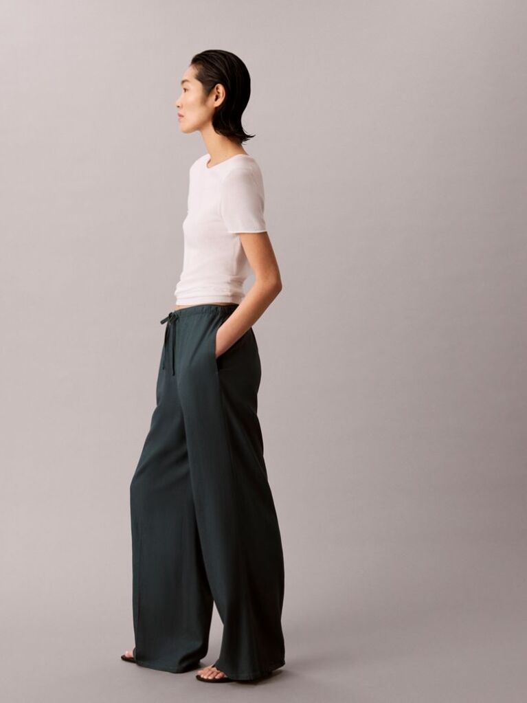 Blue Linen Blend Wide Leg Trousers  Women