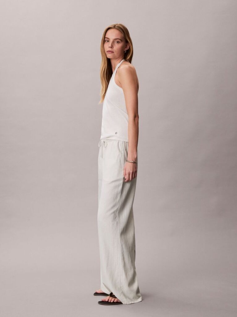 White Linen Blend Wide Leg Trousers  Women