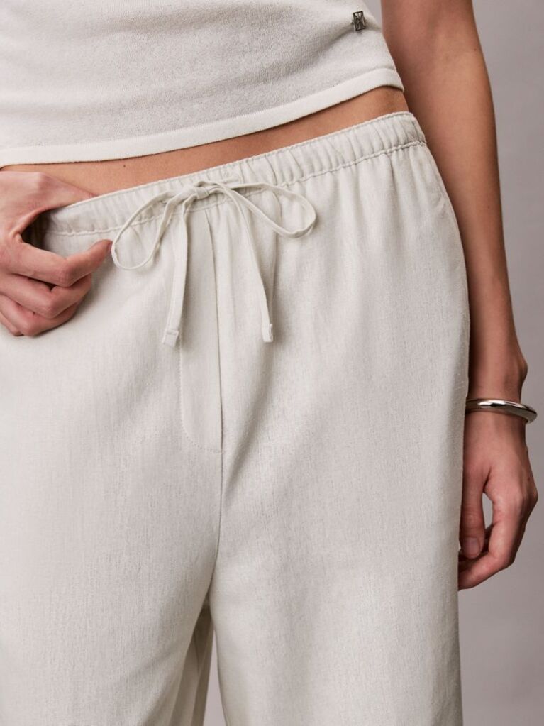 White Linen Blend Wide Leg Trousers  Women