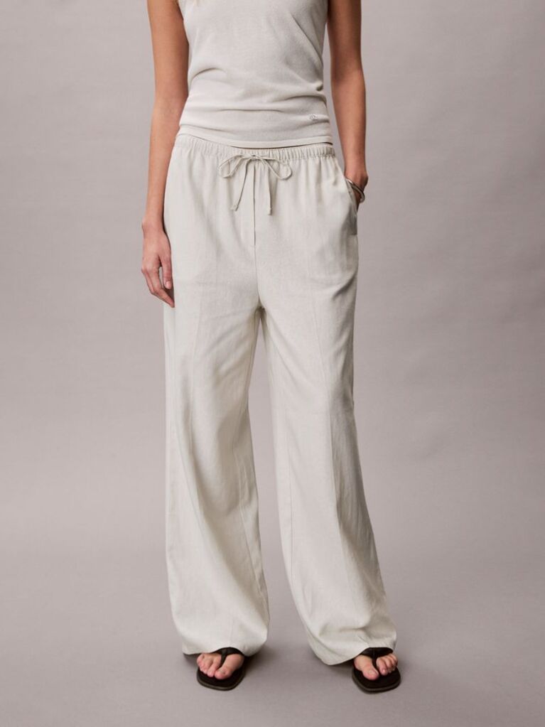 White Linen Blend Wide Leg Trousers  Women