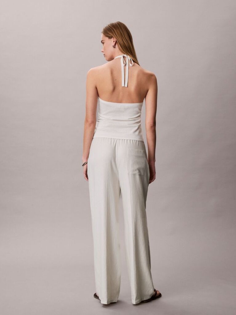 White Linen Blend Wide Leg Trousers  Women