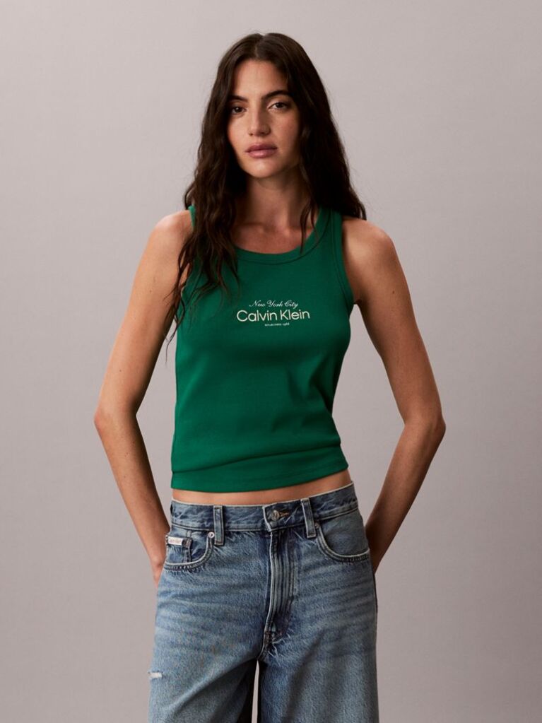 Green Slim Ribbed Cotton Tank Top  Women