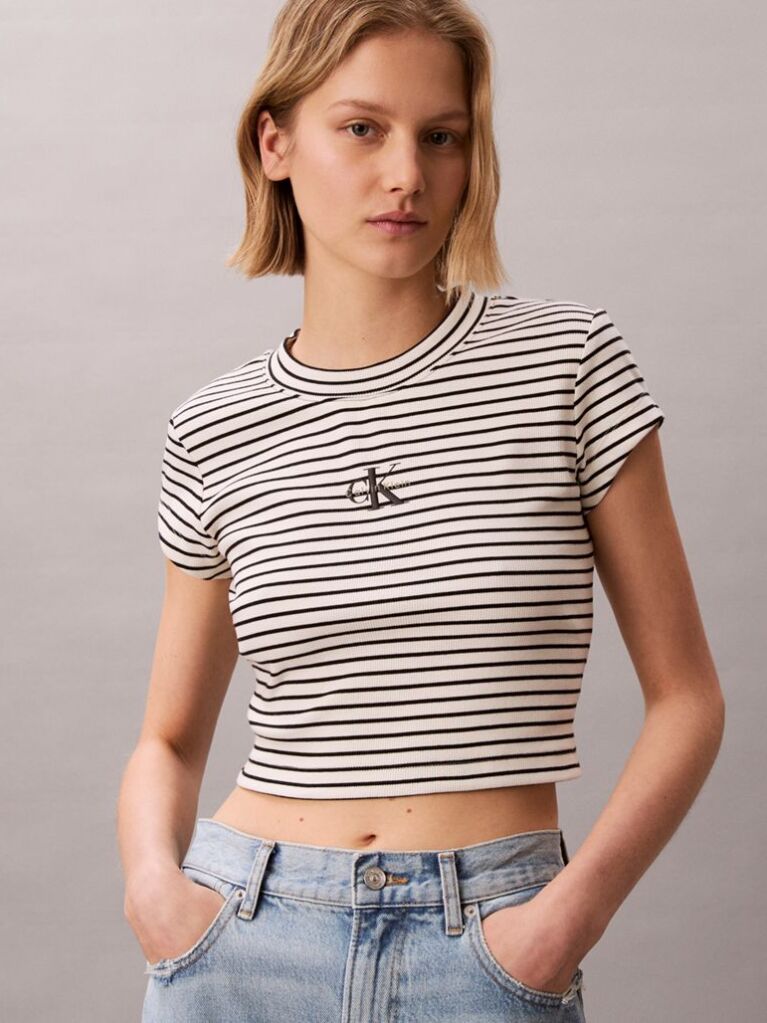 Black Slim Ribbed Stripe T-shirt  Women
