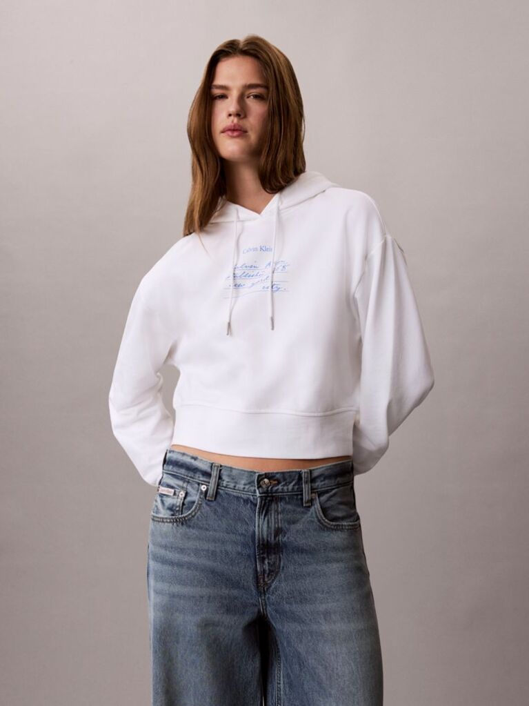White Logo Graphic Cropped French Terry Hoodie  Women