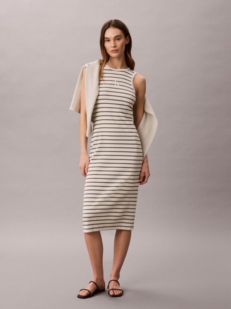 White Monologo Rib Stripe Midi Dress  Women