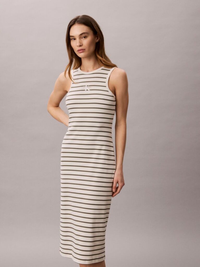 White Monologo Rib Stripe Midi Dress  Women