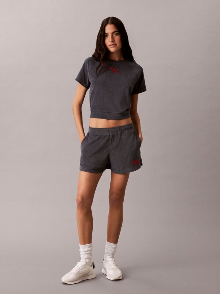 Grey Towel Terry Cropped Short Sleeve Top  Women
