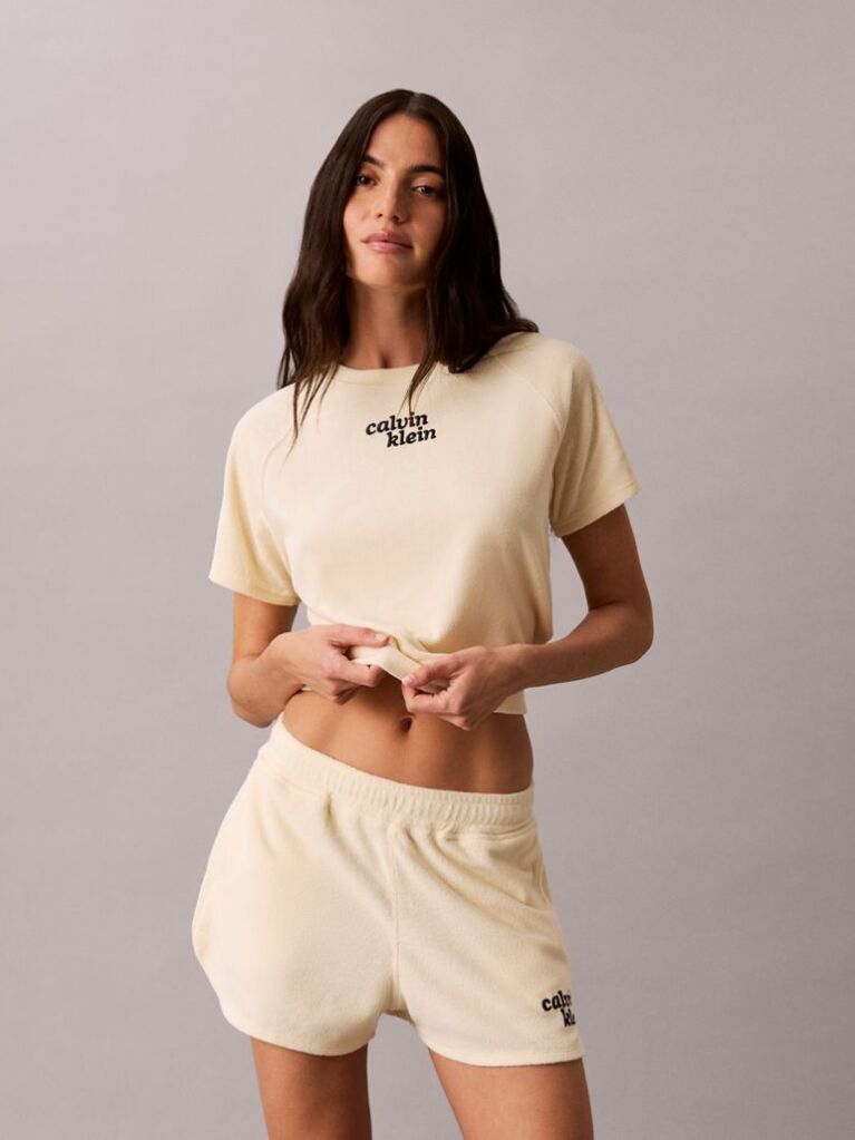 Beige Towel Terry Cropped Short Sleeve Top  Women