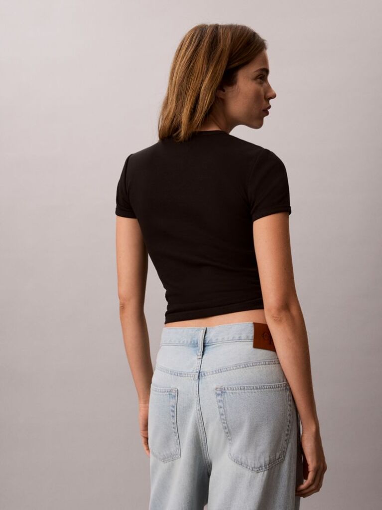 Black Ribbed Embroidered Logo T-shirt  Women