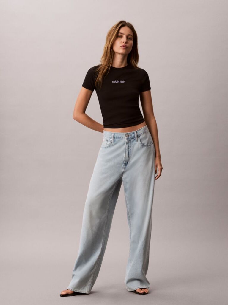 Black Ribbed Embroidered Logo T-shirt  Women