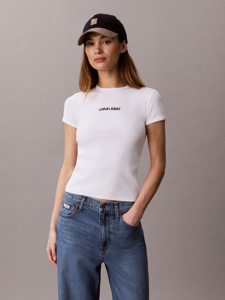 White Ribbed Embroidered Logo T-shirt  Women