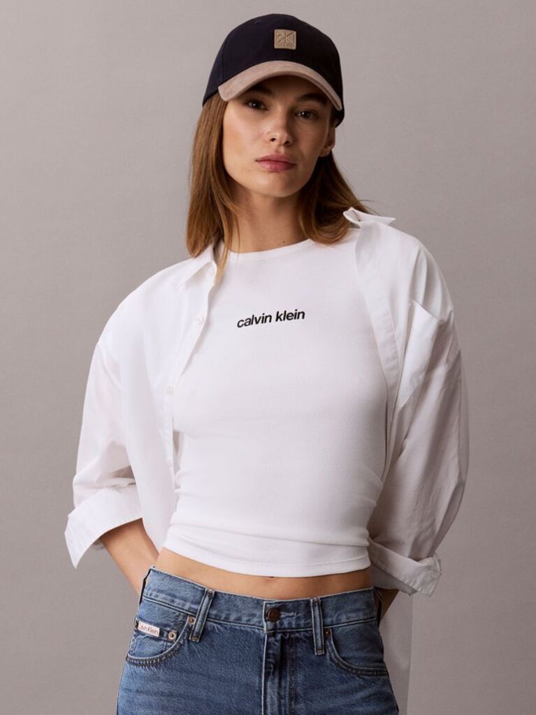 White Ribbed Embroidered Logo T-shirt  Women