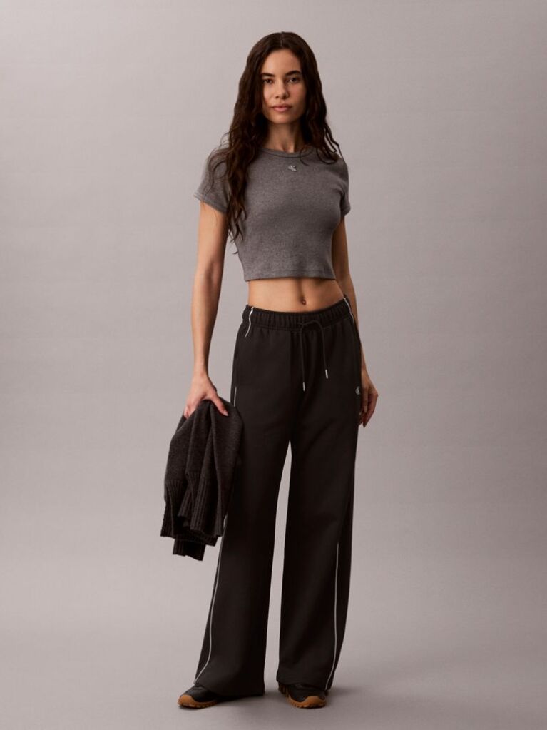Black Monogram Embroidery Contrast Piping Terry Joggers  Women