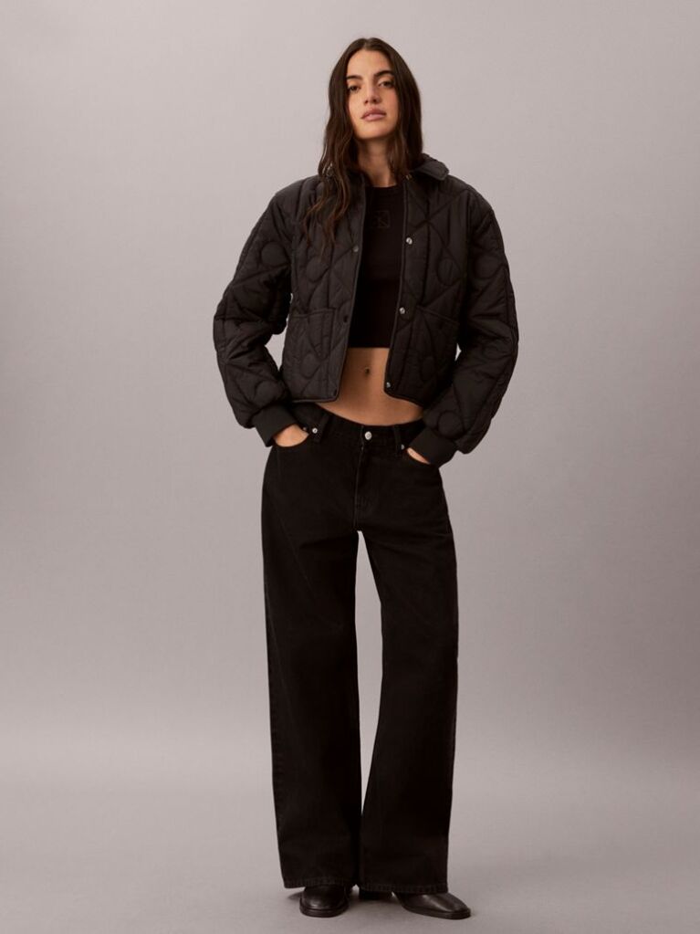Black Print Lightweight Short Quilted Liner Jacket  Women