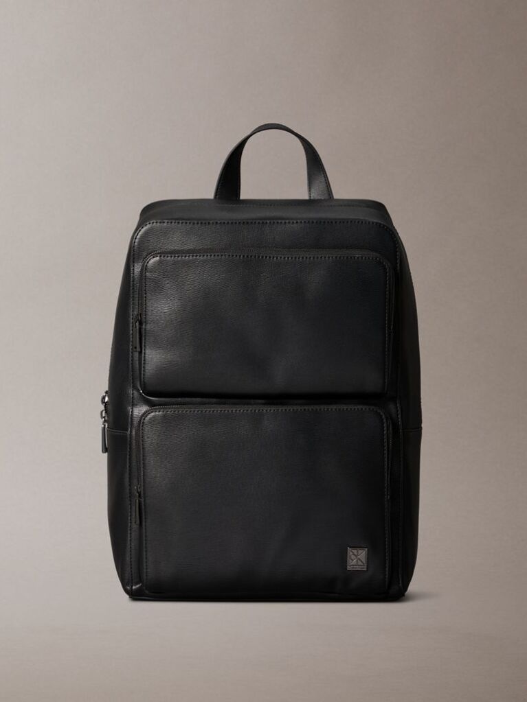 Black Slim Saffiano Emblem Logo Backpack  Men