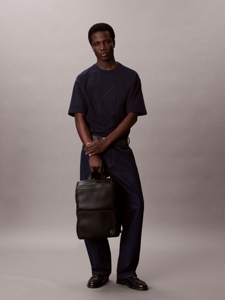 Black Slim Saffiano Emblem Logo Backpack  Men