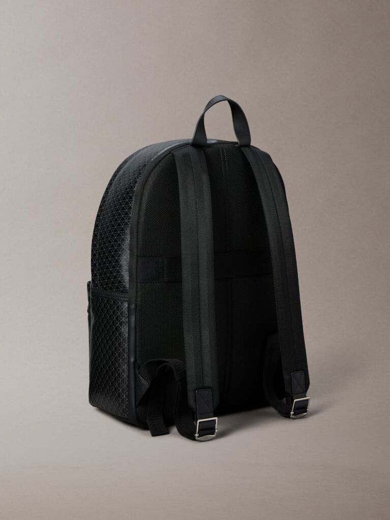 Black Coated Canvas Emblem Logo Backpack  Men