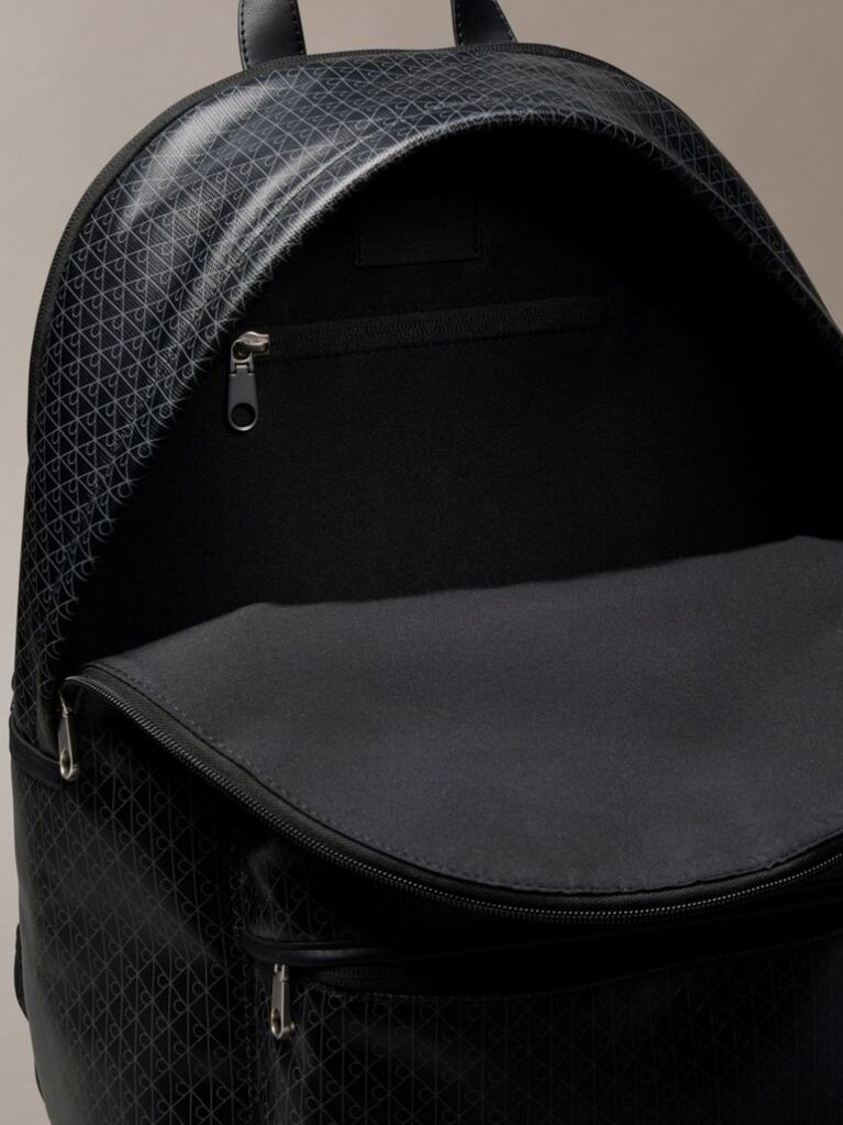 Black Coated Canvas Emblem Logo Backpack  Men