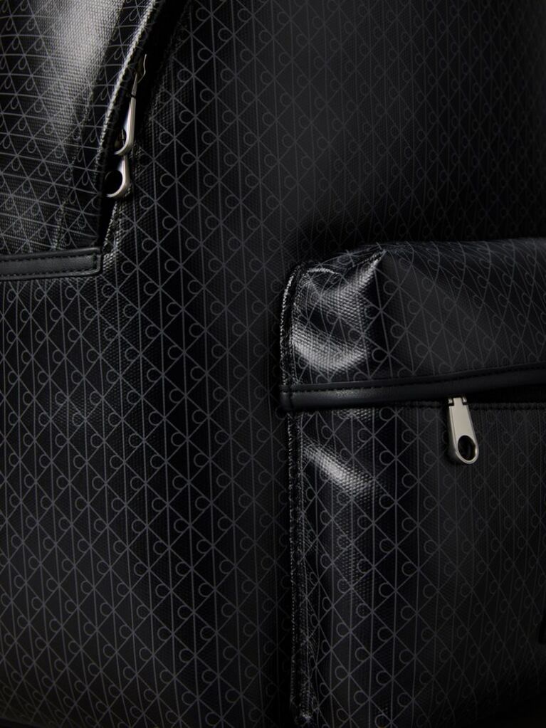 Black Coated Canvas Emblem Logo Backpack  Men