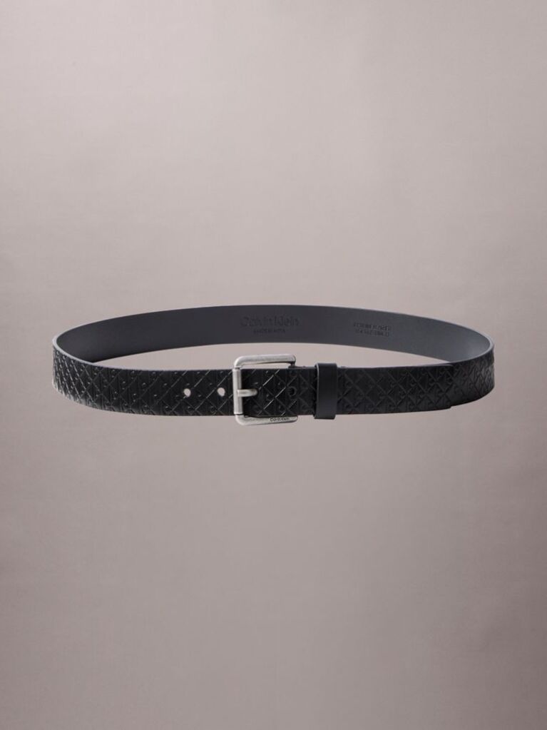 Black Leather Emblem Print Roller Buckle Belt  Men