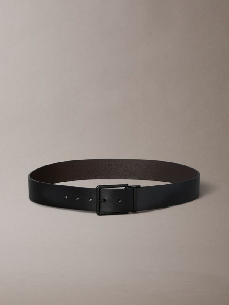 Black Leather Adjustable Reversible Square Buckle Belt  Men