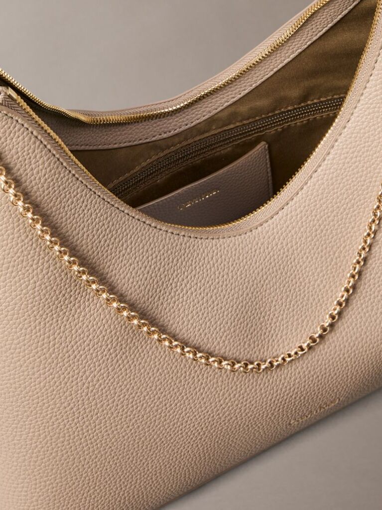 Beige Pebbled Jewellery Chain Hobo Bag  Women
