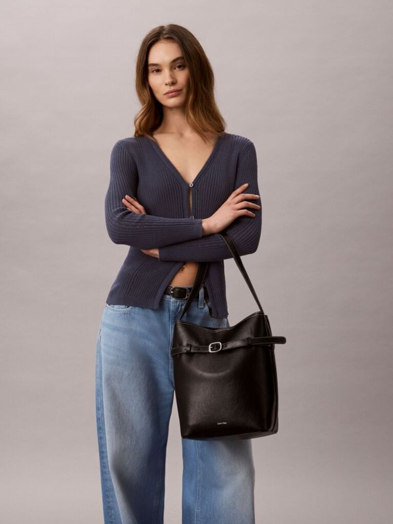 Black Buckle Laptop Bucket Bag  Women