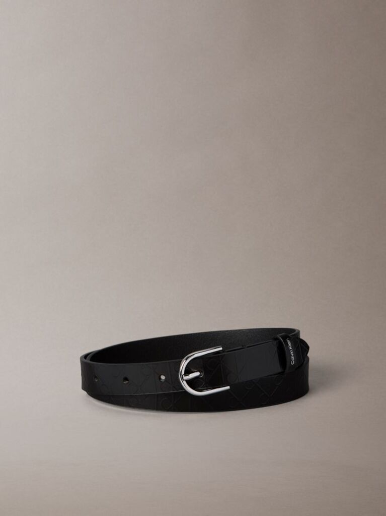Black Leather Emblem Print Rounded Buckle Belt  Women
