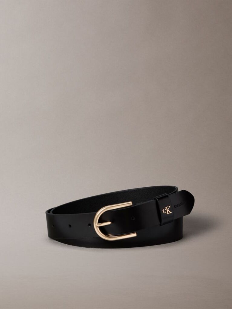 Black Leather Monogram Plaque Rounded Buckle Belt  Women