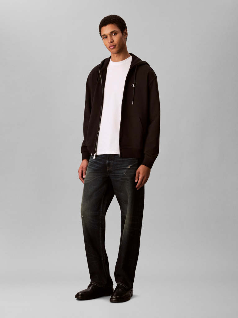 Black Long Sleeve Monogram Front Zip Hoodie  Men