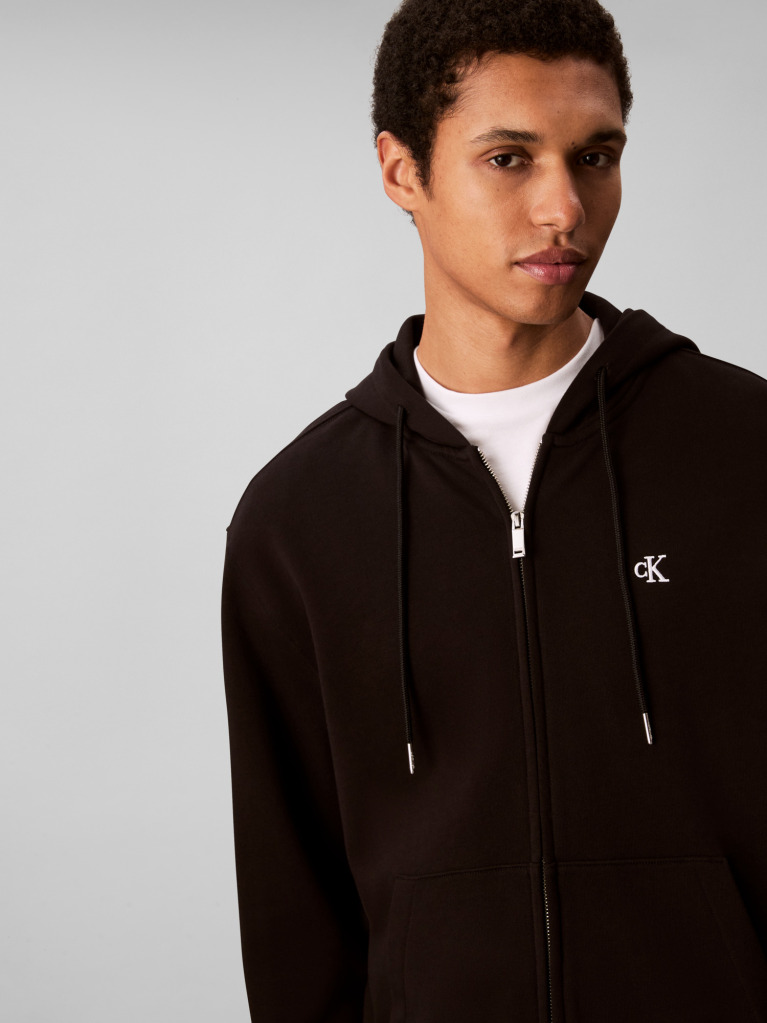 Black Long Sleeve Monogram Front Zip Hoodie  Men