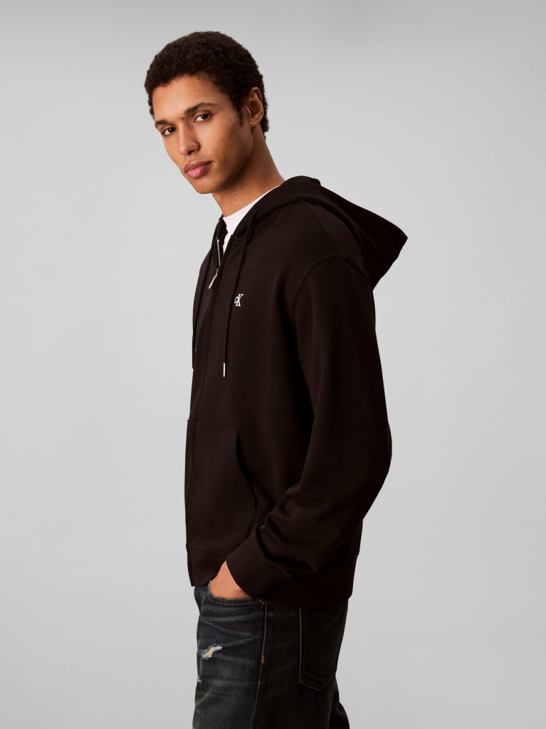 Black Long Sleeve Monogram Front Zip Hoodie  Men