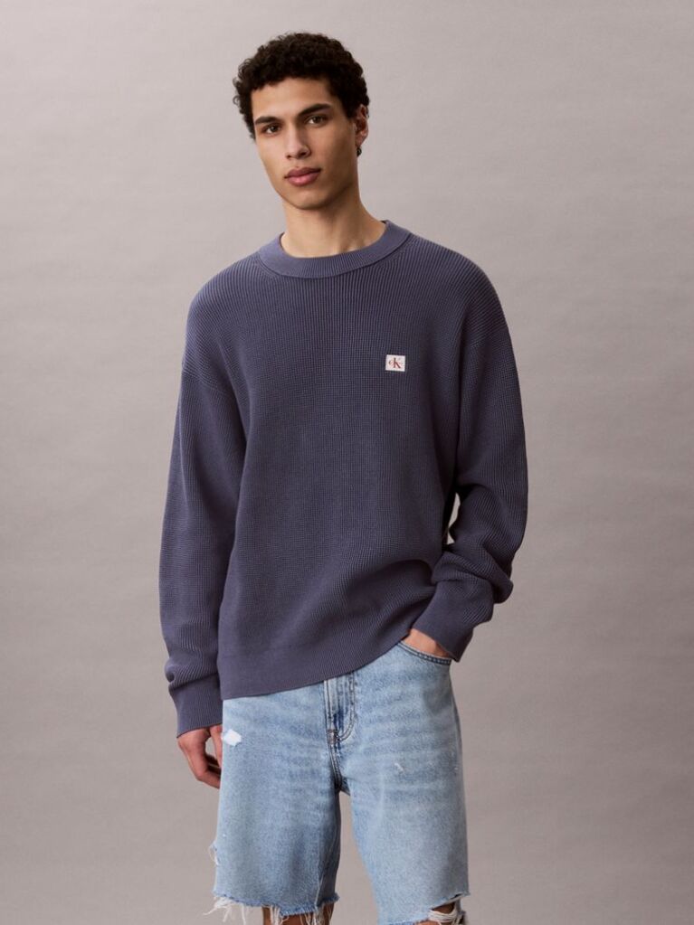 Blue Waffle Cotton Monogram Jumper  Men