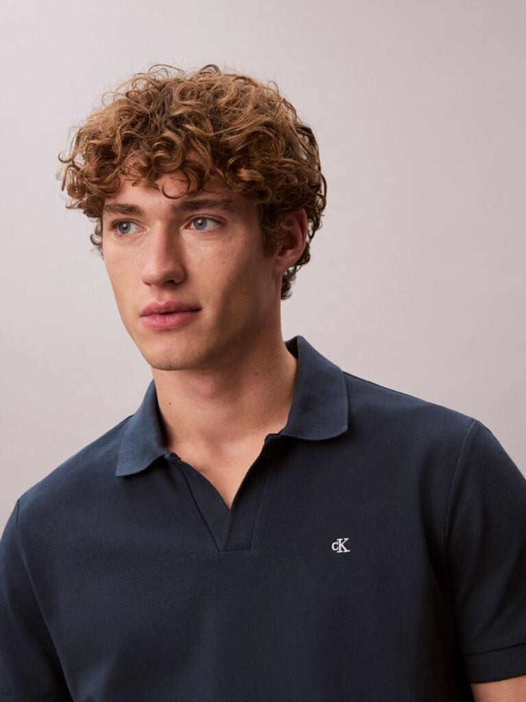 Blue Cotton Piqué Open Collar Polo Shirt  Men