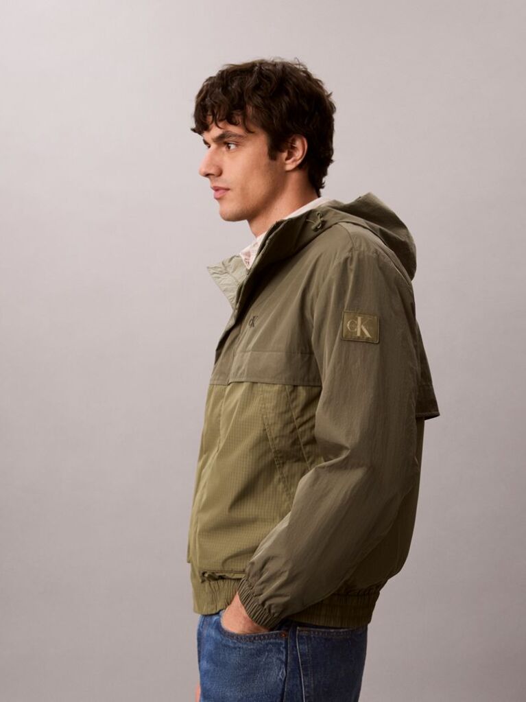 Green Hooded Nylon Windbreaker Jacket  Men