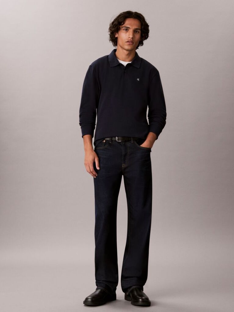 Blue Long Sleeve Monogram Polo Shirt  Men
