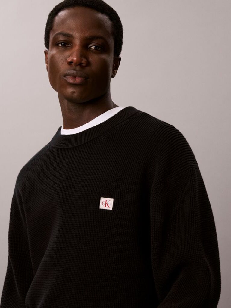 Black Waffle Knit Crew Neck Jumper  Men