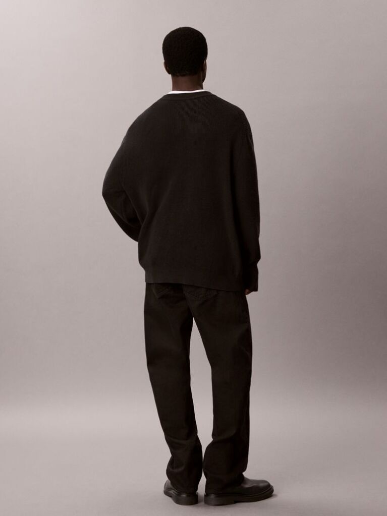 Black Waffle Knit Crew Neck Jumper  Men