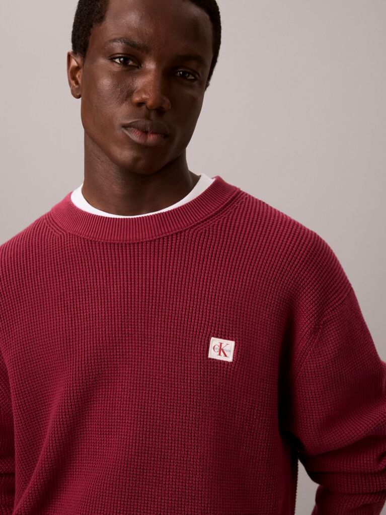 Red Waffle Knit Crew Neck Jumper  Men