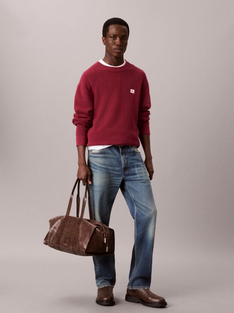 Red Waffle Knit Crew Neck Jumper  Men