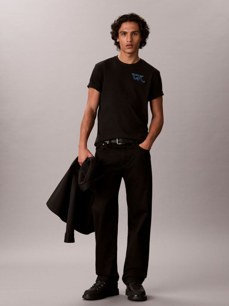Black Script Logo Embroidery T-Shirt  Men
