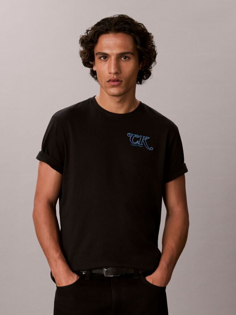 Black Script Logo Embroidery T-Shirt  Men